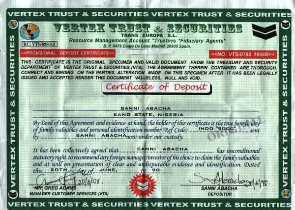 Certificate of Deposit / Provisional Deposit Certificate